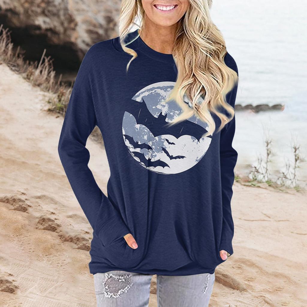 Женская модная повседневная футболка с круглым вырезом и принтом, длинными рукавами и карманами