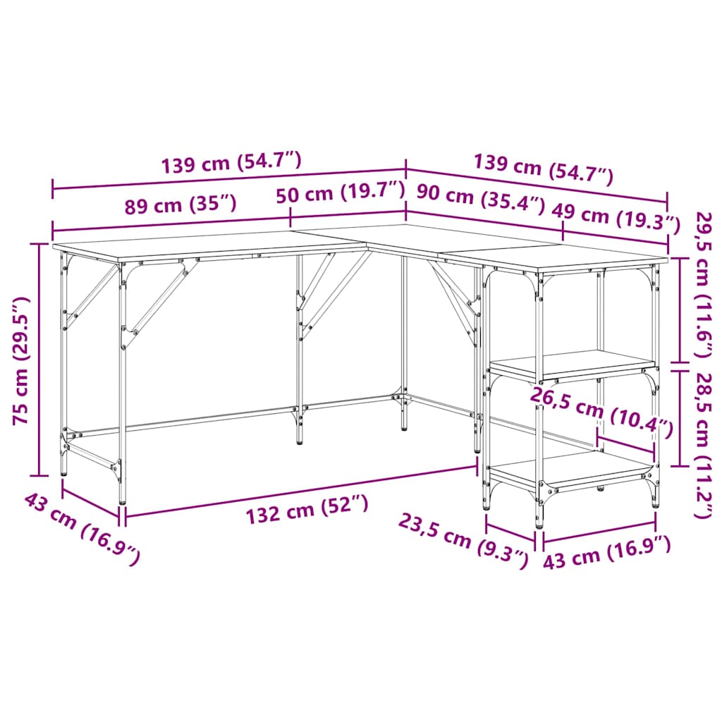 L Shaped Desk Black Oak Effect 139 x 139 x 75 cm