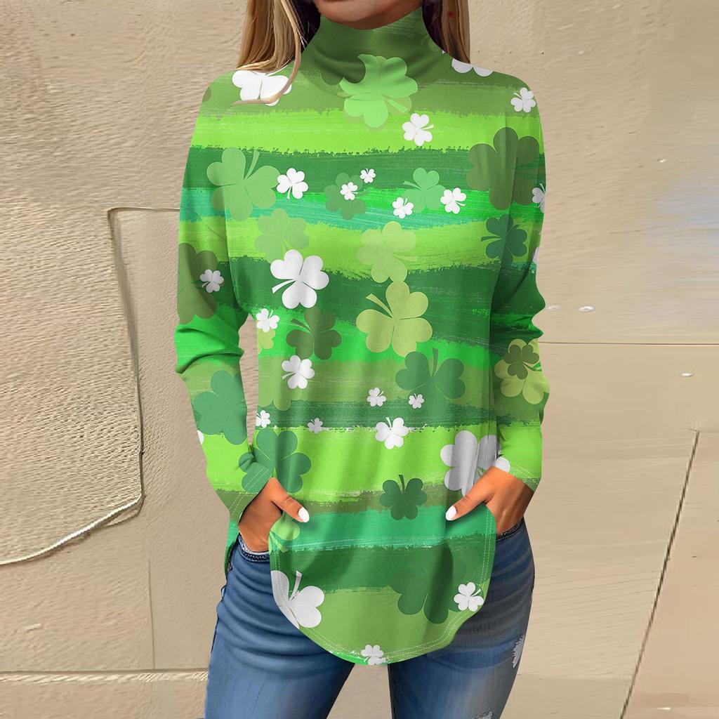 Женский свободный с высоким воротом St. Футболка с длинным рукавом и принтом Патрика. Верхний пуловер.