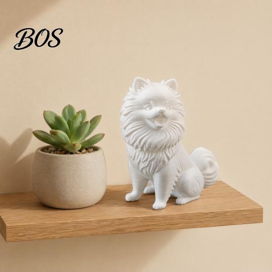 Pomeranian Collectible Figure 3D Printed Cute Dog Figurine, White Twisting Head Puppy Statue, Small Fun Animal Figurine Desktop Ornament for