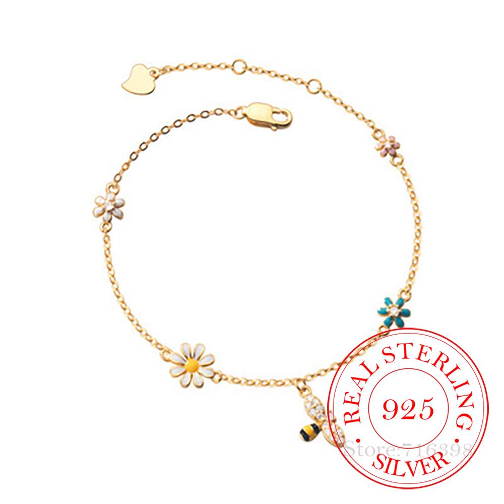 925 Sterling Silver Daisy Bee Charm Bracelet For Women Girls Party Wedding Trendy Bangle Bijoux Luxury Jewelry Accessories