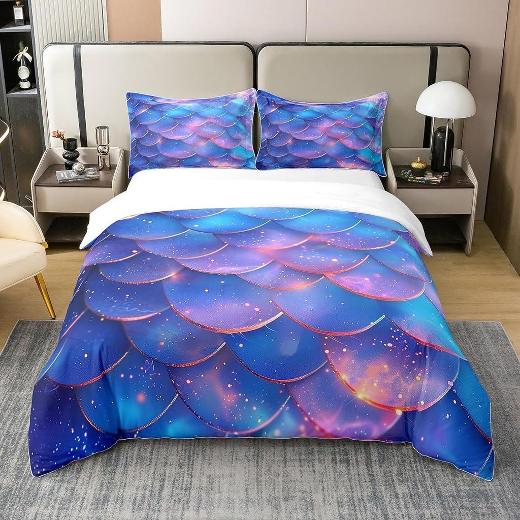 Cute Mermaid Tail Duvet Cover Set Queen King Size Fairy Tale Themed Princess Bedding 3 Pcs For Girls Bedroom Decor Super Soft