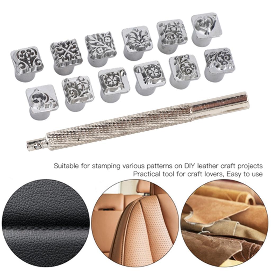 ZK20 12Pcs Stamping Punch Tool Tang Dynasty Flower Design DIY Vegetable Leather Stamper 1Pc Handle