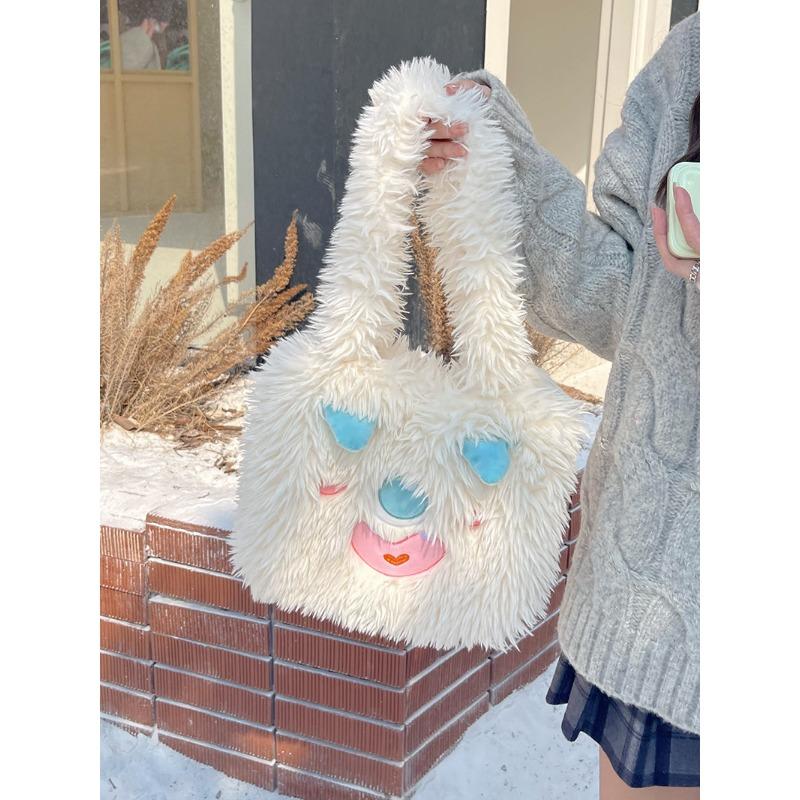 Cute Little Monster Cartoon Plush Purse Large Capacity Female Student Oneshoulder Bag Tote Bag Autumn and Winter