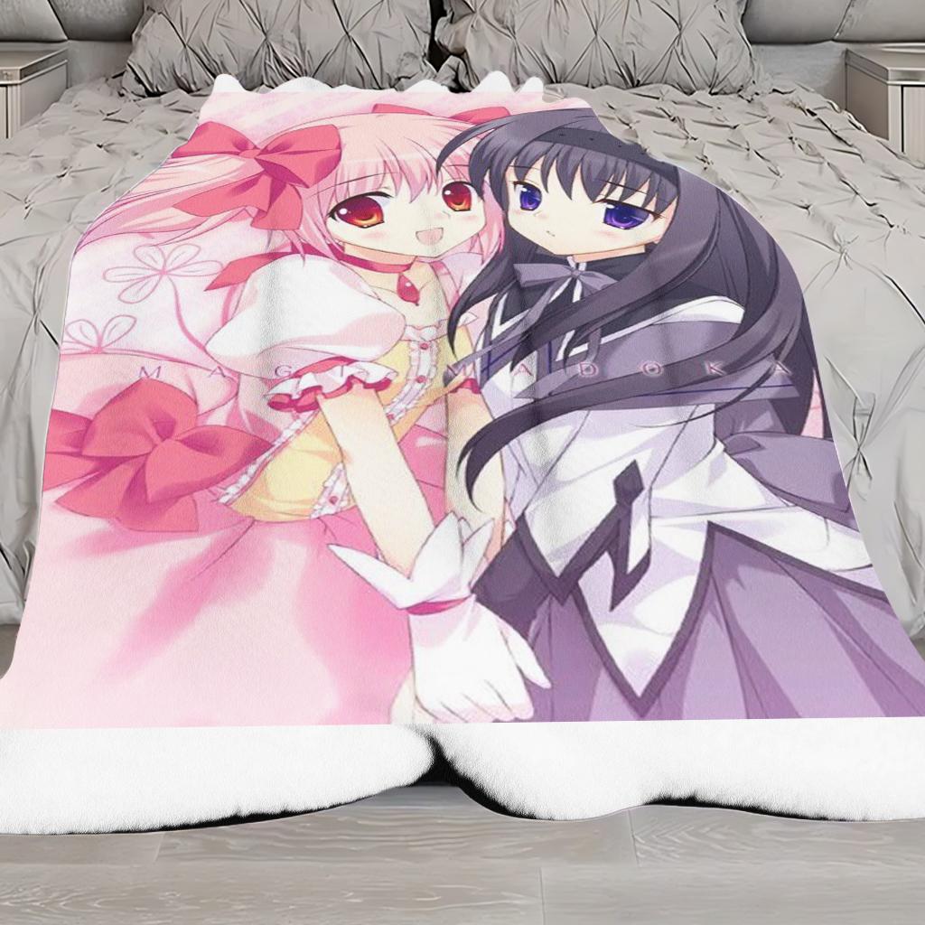 Плед «Puella Magi Madoka Magica», Флисовый плед с персонажами Мадока и Хомура из аниме, Милый Кавайный плед для декора комнаты