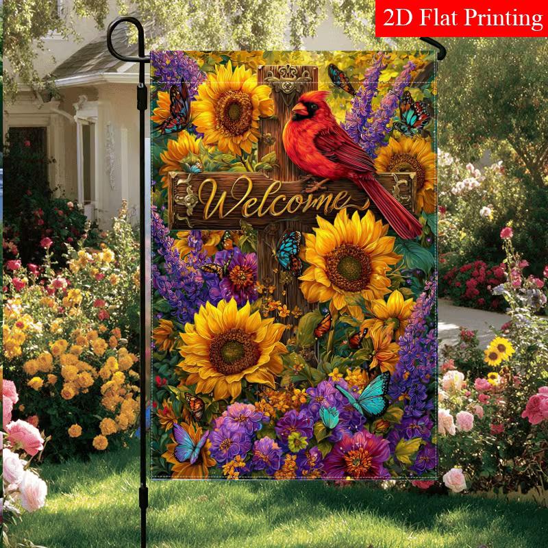 1pc Spring Cardinals Religious Cross Flower Garden Flag_1 (4)- Outdoor Garden Flag Double-Sided Home Decoration Courtyard Decoration Outdoor Decoratio