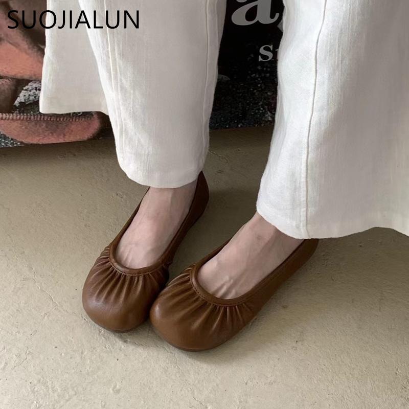 Мода SUOJIALUN 2025 Осень Женщины Новый Бренд Балетки Мода Плиссированные Неглубокие Слипоны Одинарная Обувь Мягкий Плоский Каблук Уличная Балетка