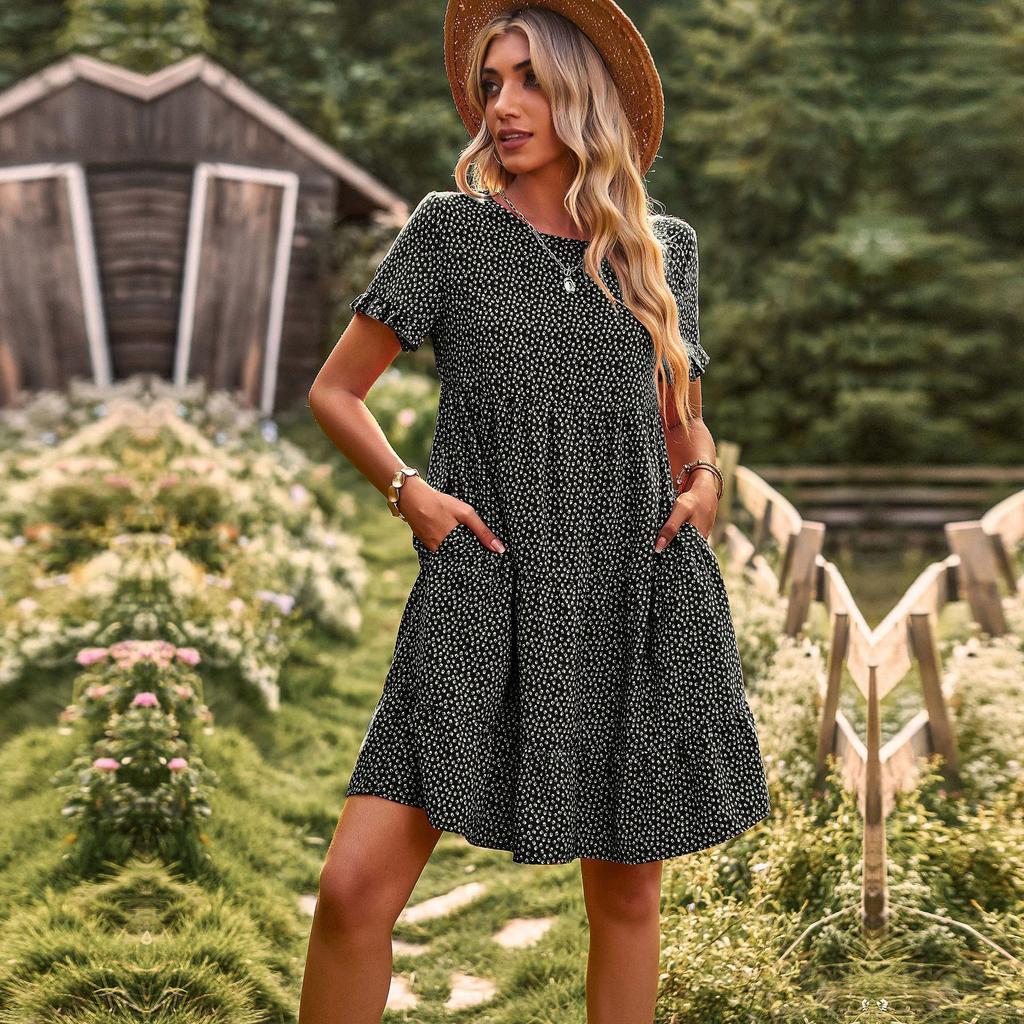 Spring Summer O Neck Short Sleeve Temperament Pastoral A Line Print Dresse