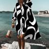 Turn-down Collar Long Sleeve High-Low Hem Holiday Dress Geometry Wave Print Oversized Shirt