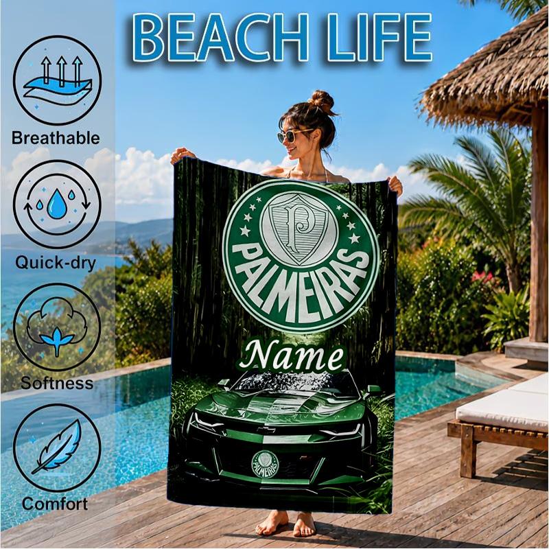 Custom Name Beach Towel Palmeiras Team Crest Microfiber Beach Towel, Lightweight for Summer Travel, Swimming Pool Fan Birthday Gift