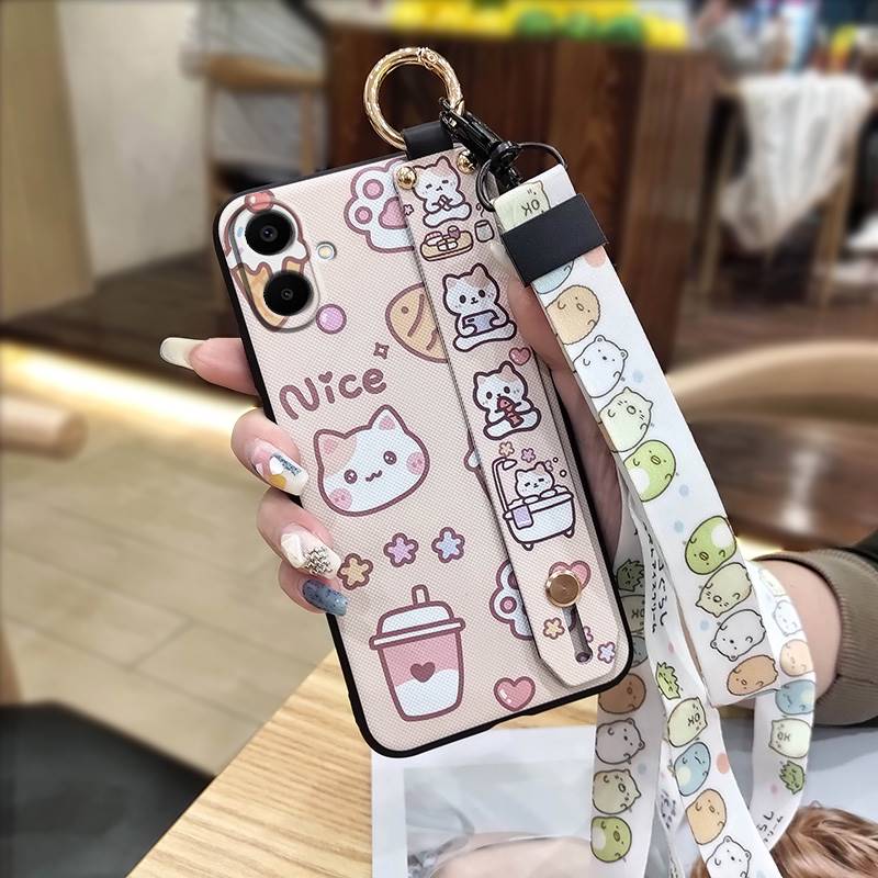 Ring Kickstand Phone Case For Samsung Galaxy A07 Back Cover Phone Holder Protective Anti-dust Silicone Wrist Strap Cute