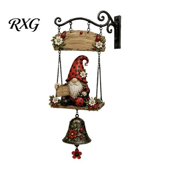 Ladybug Bee Sunflower Gnome Garden Bell, Welcome Outdoor Hanging Doorbell, Forest Theme Home Ornament Wind Chimes for Patio Porch Yard Decorations