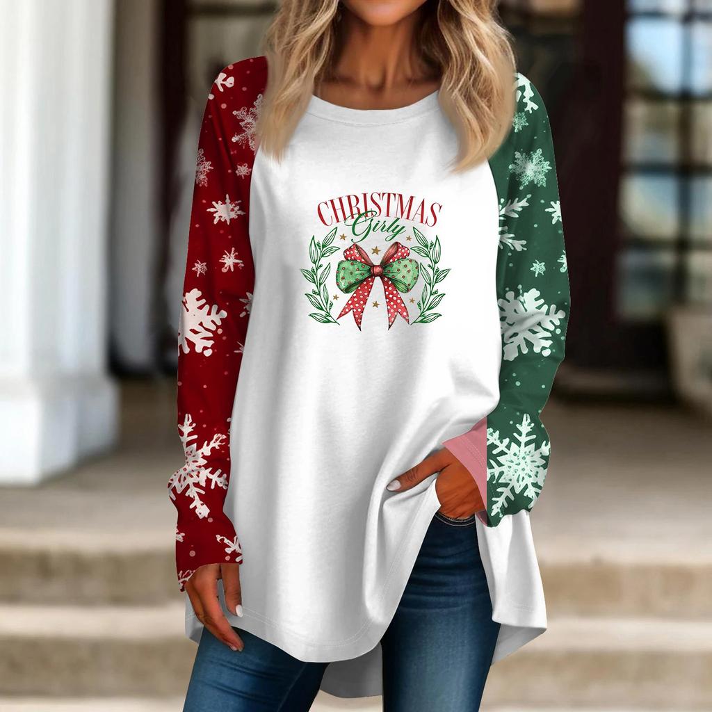 Women's Casual  Plus Size Long Sleeved Round Neck Christmas Printed T-shirt Top Pullover
