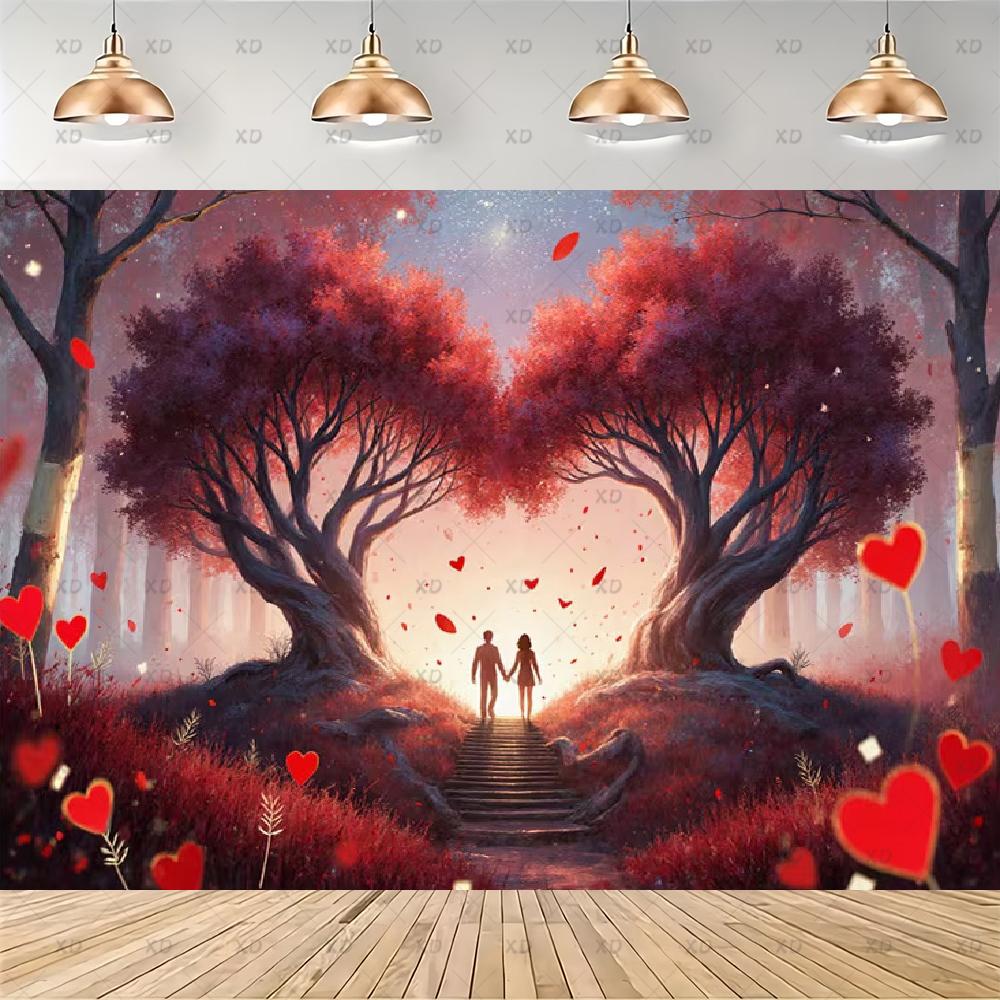 Heart of Love Backdrop, Romantic Love Tree with Red Roses, for Party Decoration, Celebration Background, Banner2341