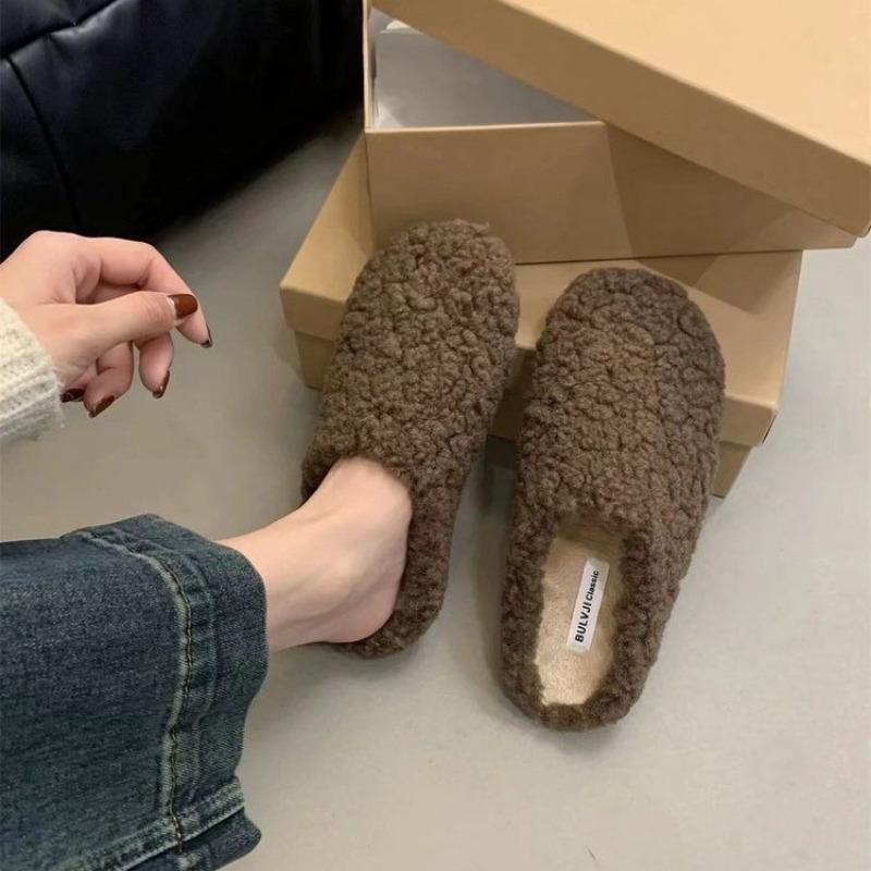 Винтажные женские меховые тапочки модные неглубокие туфли без застежек весна осень женские удобные домашние теплые тапочки для дома