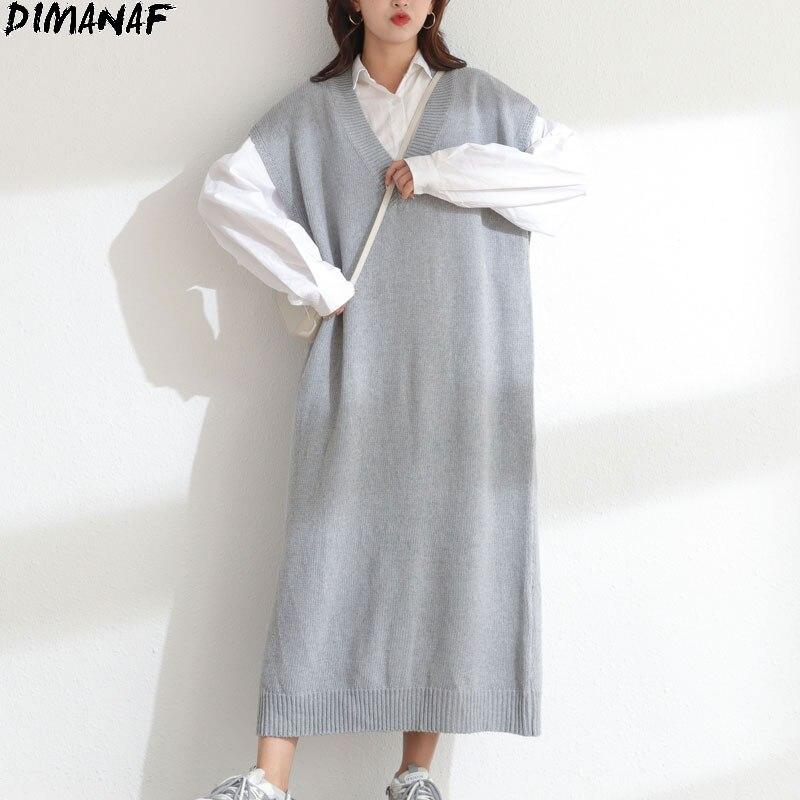 DIMANAF Женское платье-свитер Зима Осень Большой размер Новый вязаный жилет без рукавов с V-образным вырезом Женский базовый однотонный свободный пуловер