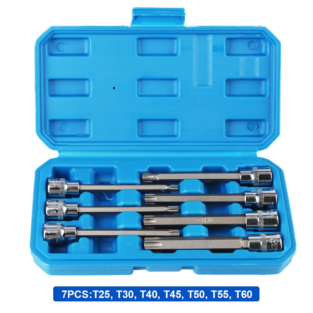 Набор торцевых головок Torx (звездочка) T25, T30, T40, T45, T50, T55, T60, Удлиненный, 7 шт., Хром-ванадиевая сталь, 3/8 дюйма, Автоаксессуары