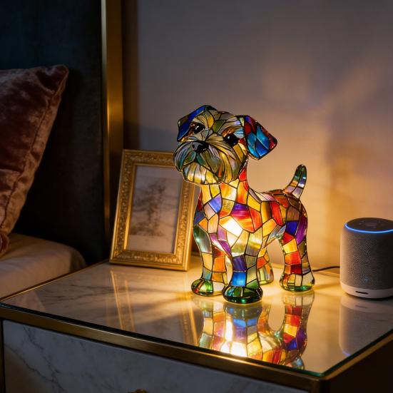 Rainbow Pup Night Light Handmade Vintage Dyed Resin 3D Puppy Lamp USB Powered Soft Warm LED Non-Glaring Decorative Gift for Dog Lovers Bedroom Desk