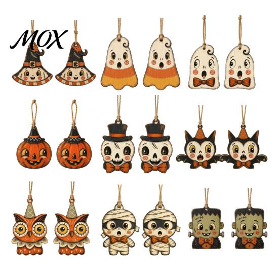 Decorative Halloween Window Ornaments Wooden Hanging Decor, Ghost Black Cat Pumpkin Owl Ornament, Rustic Vintage Pendants Wall Decor Gift Tags