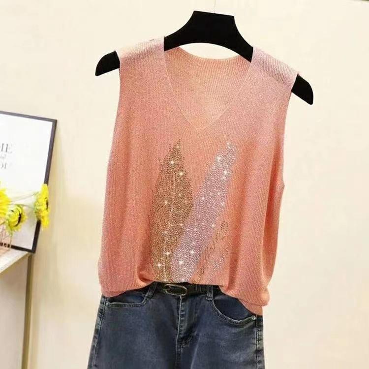 2023 Блестящий шелковый женский жилет без рукавов с V-образным вырезом - Новый стиль весна/лето, свободный крой с вязаным дизайном на бретелях с горячими бриллиантами