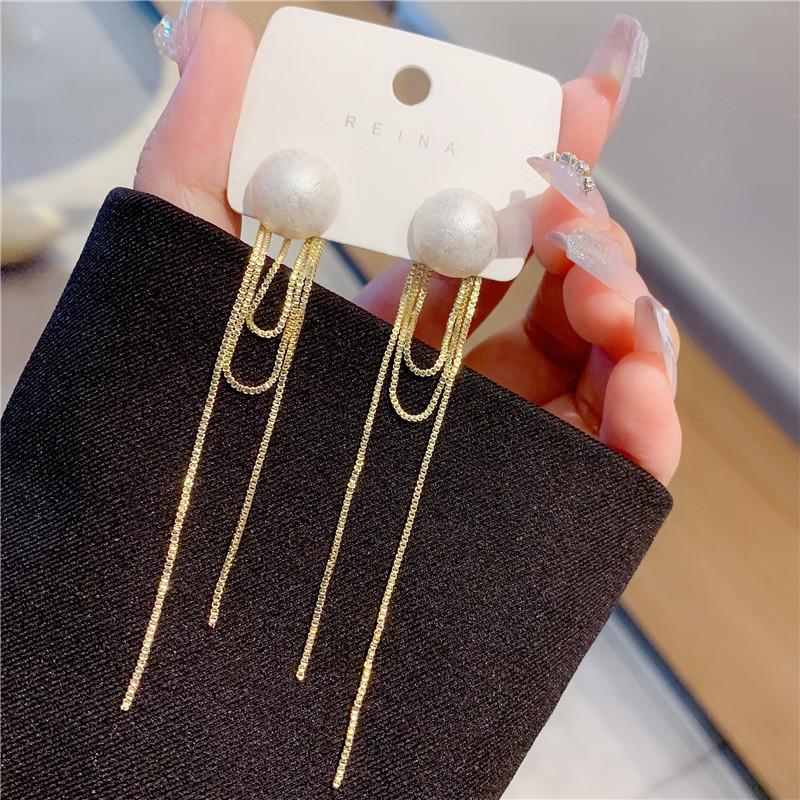 Korean Fashion Imitation Pearl Dangle Earrings Elegant Round Shape Chain Tassel Drop Earrings For Women Bridal Earrings Party Jewelry