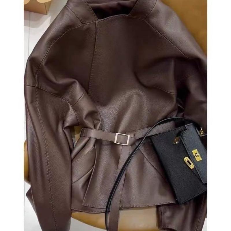 Винтажная кожаная куртка женская короткая трендовая весенне-осенняя кожаная куртка маленькая облегающая