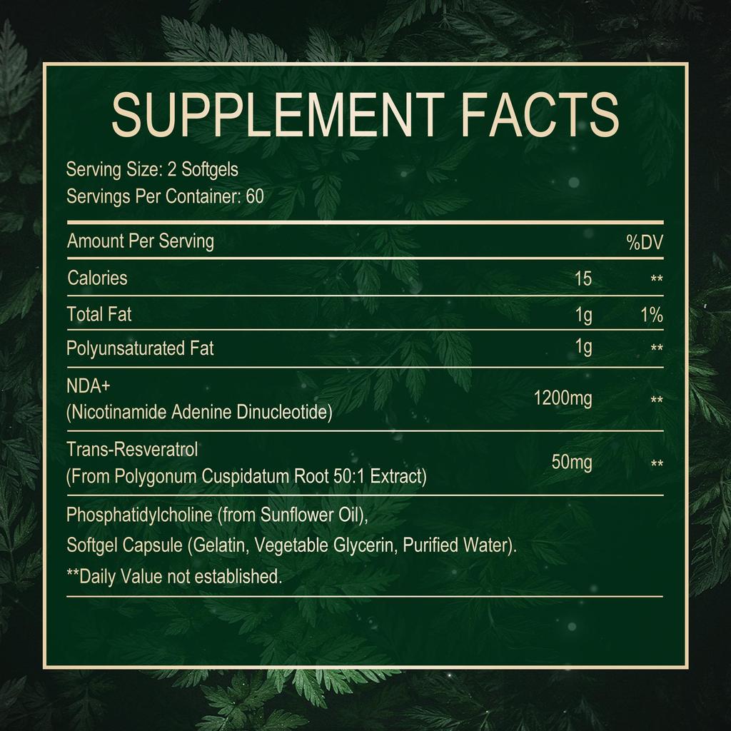 NAD+ Resveratrol Dietary Supplement supports cellular energy, anti-aging, and skin health. 120 softgels.