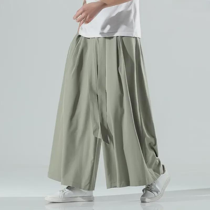 Men's Chinese Retro Tang Suit Ice Silk Wide-Leg Casual Trousers
