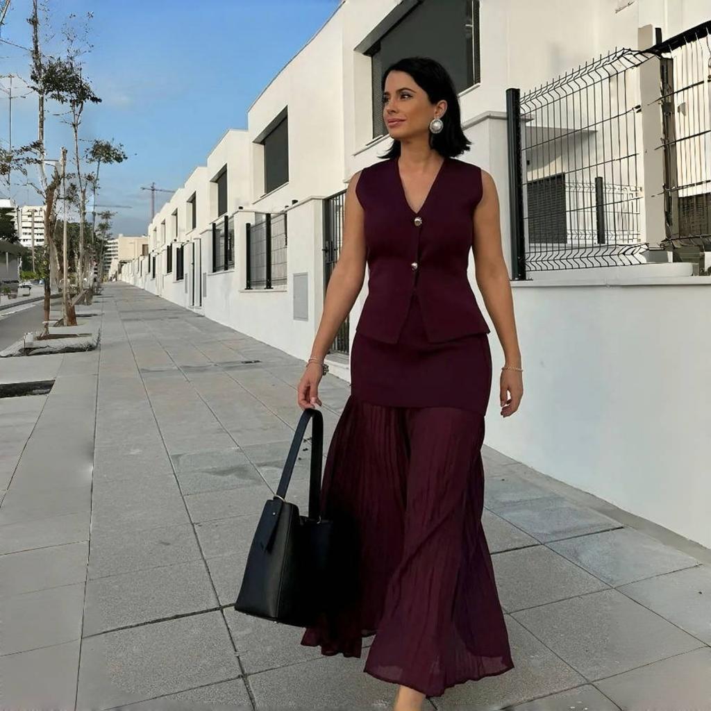 LYRIA Женский юбочный костюм Винно-красный Вязаный V-образный вырез Без рукавов Приталенный жилет + Однотонная юбка макси с высокой талией и молнией Пэчворк Уличный