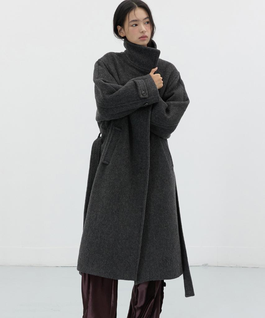 Michiko London Koshino Belted Balmacaan Wool Coat Charcoal