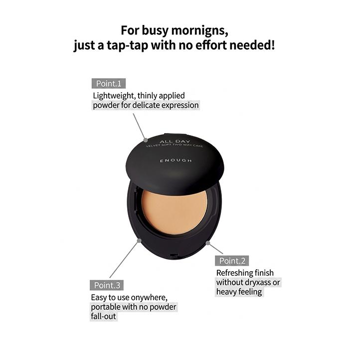 ENOUGH Бархатистая пудра-компакт для лица All Day Velvet Soft, двухсторонний спонж, SPF28 PA++ 12 г + Запасной блок 12 г (9 вариантов)