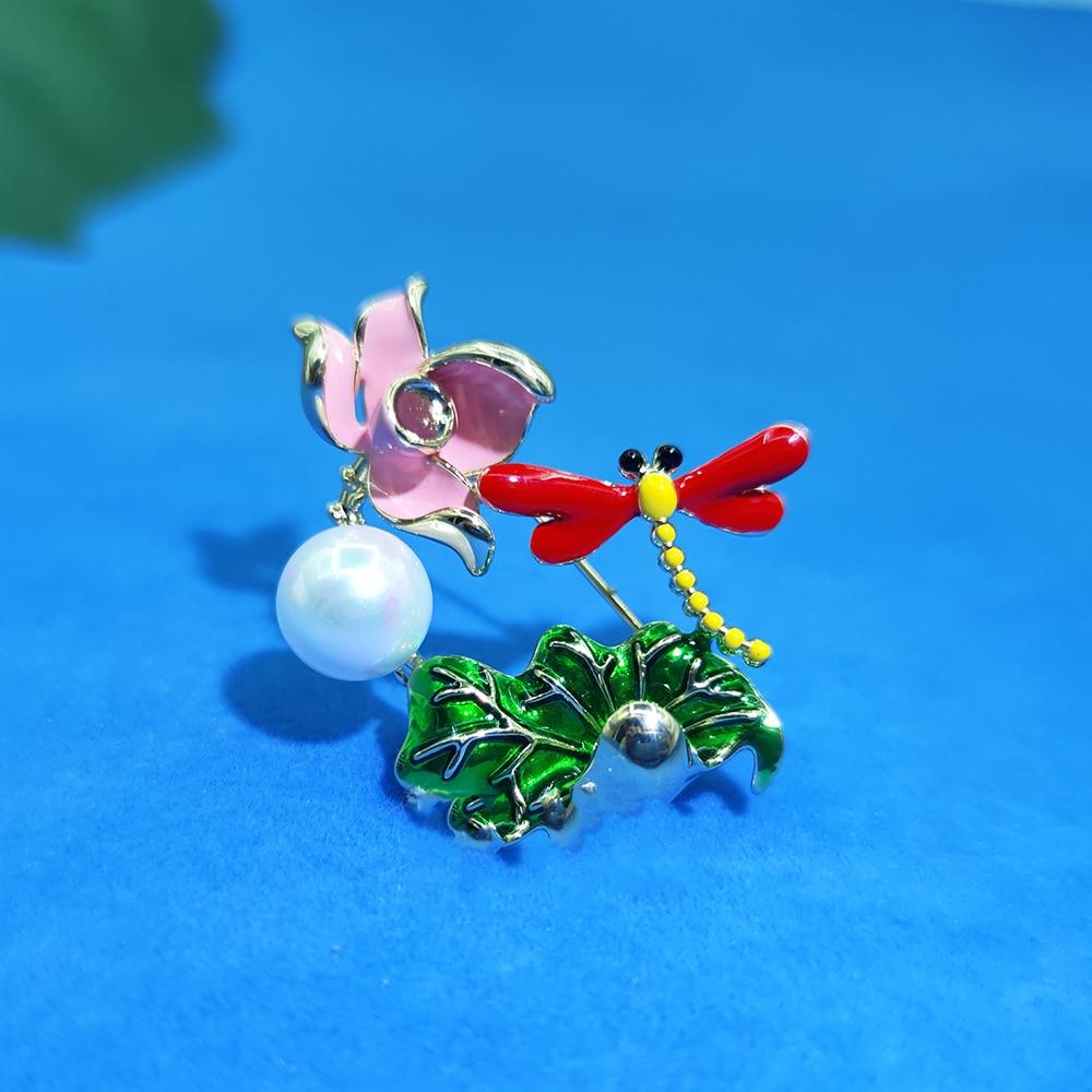 Blucome Red Dragonfly Lotus Shape Brooches Copper Corsage Suit Scarf Hat Pins for Women