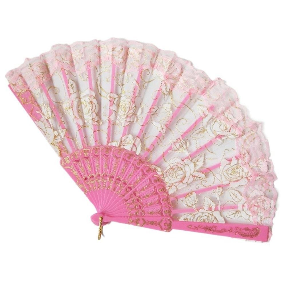 Home Decoration Handheld Ladies Lace Hand Fan Plastic Handle Rose Pattern Folding Fan Translucent Spanish Fan Dance Prop