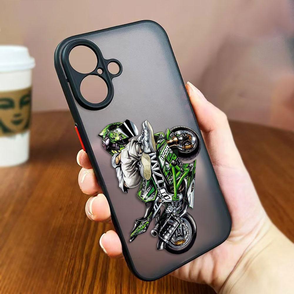 Мультяшная гонка на мотоциклах Матовый чехол для телефона для Apple iPhone 16 16E 15 14 13 12 11 Pro XR XS X 8 7 SE Plus Max Прозрачный жесткий Funda