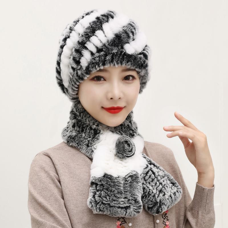 Winter Knitted Natural Fur Hats Scarves Sets Women Warm Real Rex Rabbit Fur Hat Scarf Lady Fashion Thick Rex Rabbit Fur Hat