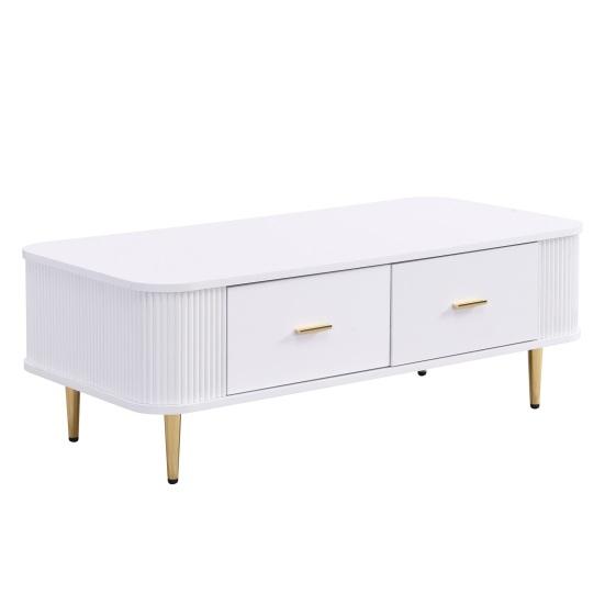 Coffee Table Golden Handles with Two Drawers Large Storage Space Curved Corners Wavy Side Storing MDF Rectangle Shape Tea Table Home