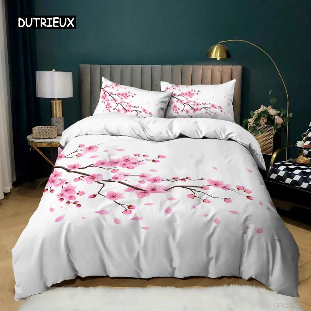 Plum Blossom Duvet Cover Collection King Pink Flower Quilt Cover For Girls Microfiber Branches Printed Bedding Collection