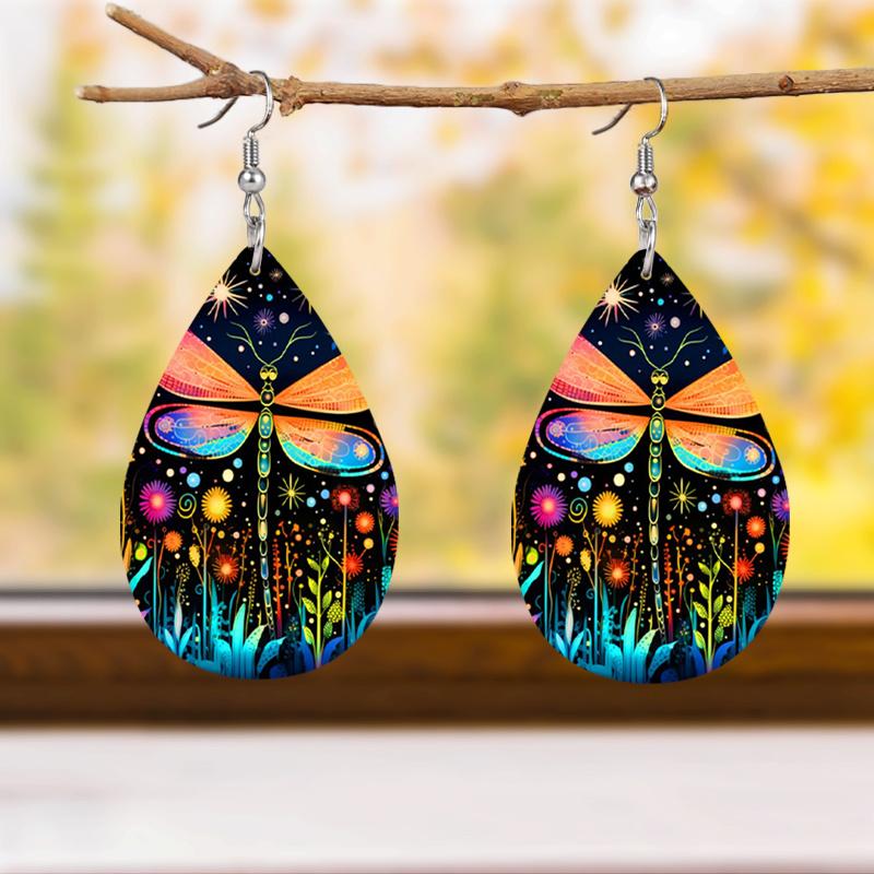 Starry Sky Flower Dragonfly Artificial Leather Earrings Spring Earrings Double-sided Printing Lightweight Earrings Teardrop Earrings