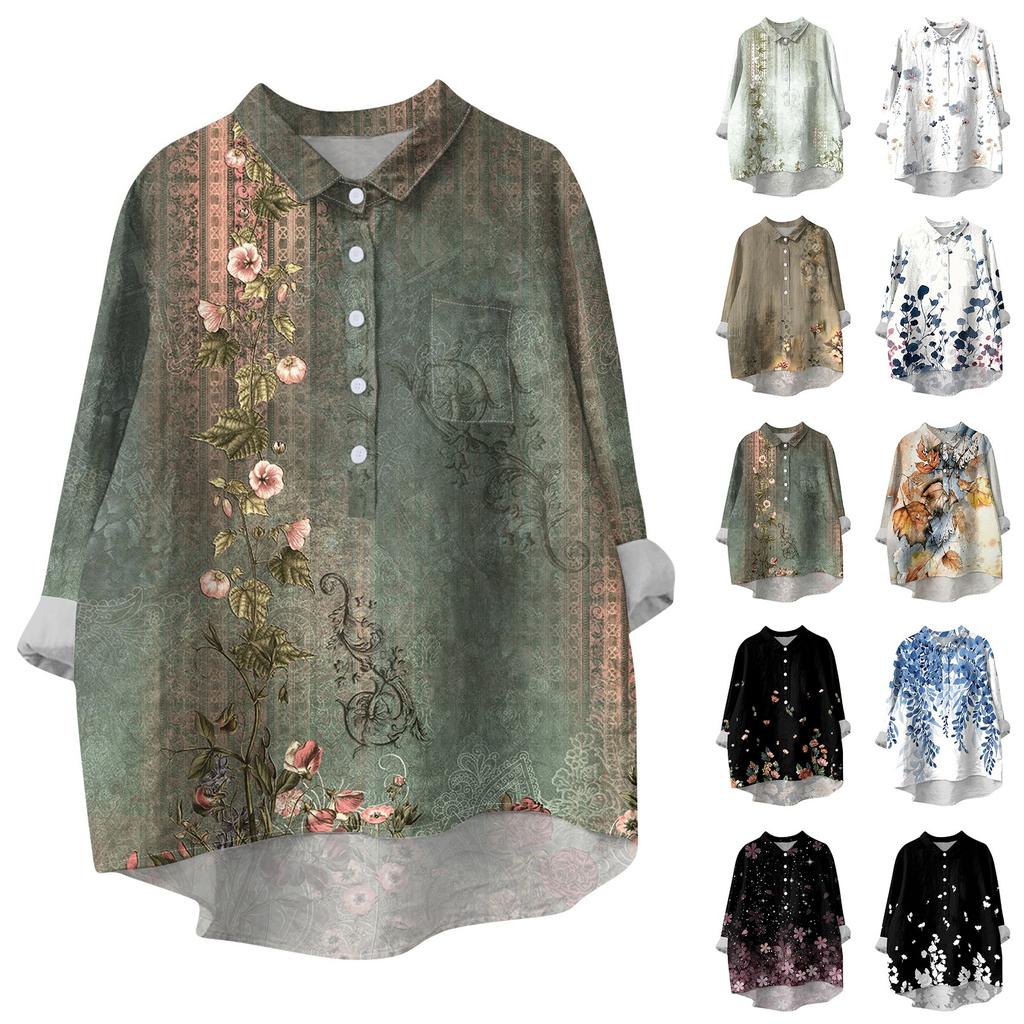 Women's Shirt Blouse Long-sleeved With Buttons Print Casual Hem Irregular Shirt Collar Top