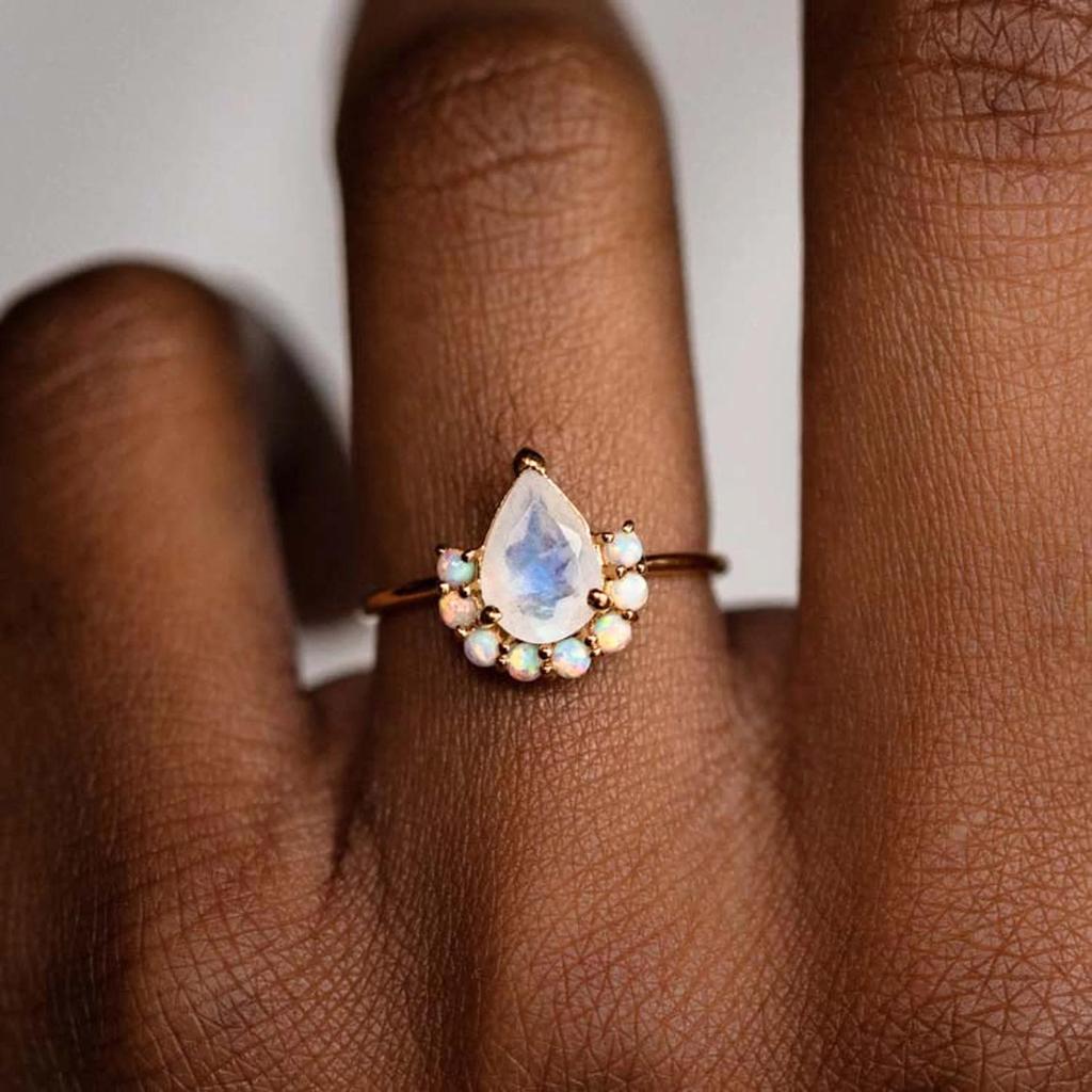 Pear Moonstone Ring with Opal Halo – Nature Inspired Gold Plated Boho Engagement Ring, Unique Promise Anniversary Gift for Women