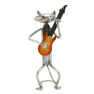 Кот, играющий на гитаре, металлическая скульптура, покрытая запеченной краской, живая, милая, стоящая фигурка кота