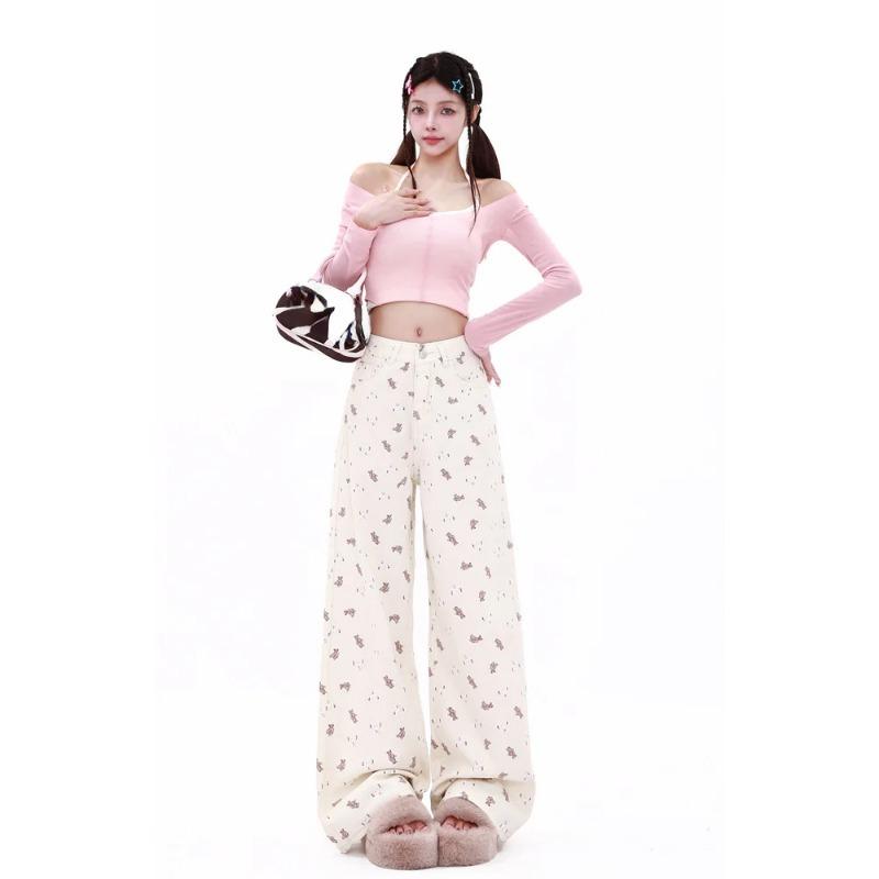 Women's Vintage White Jeans Harajuku Y2k 90s Aesthetic Denim Pants Streetwear Straight Cowboy Trousers 2000s Trashy Clothes