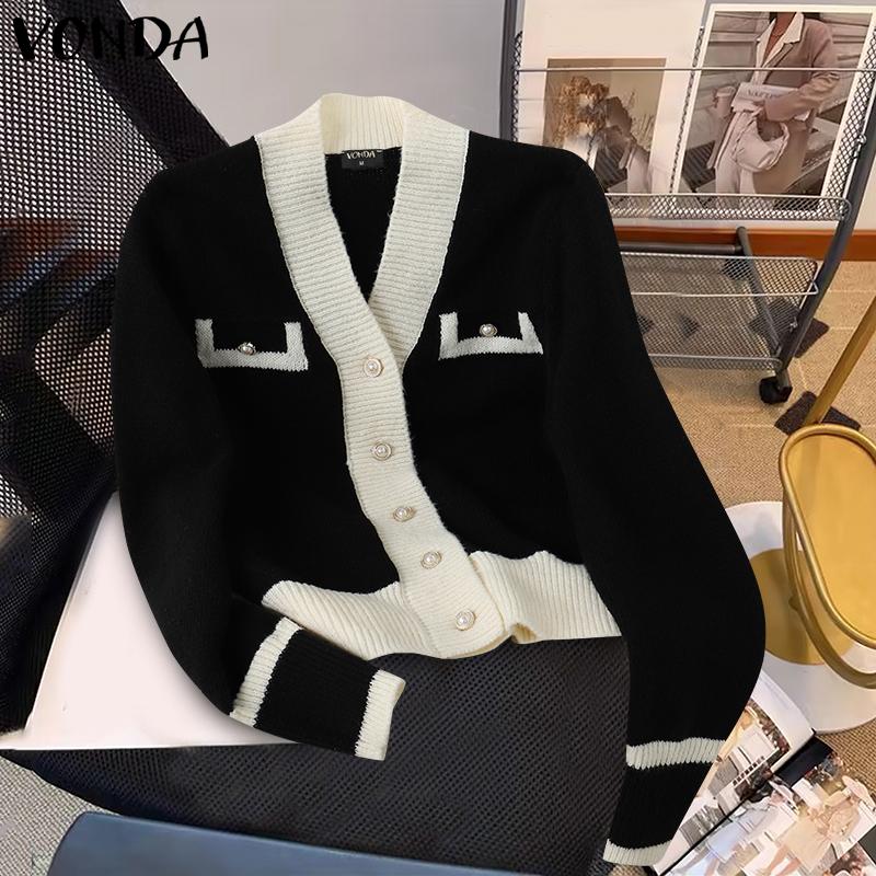 VONDA Women Autumn Winter V-Neck Long Sleeve Patchwork Knittes Cardigans Swerters