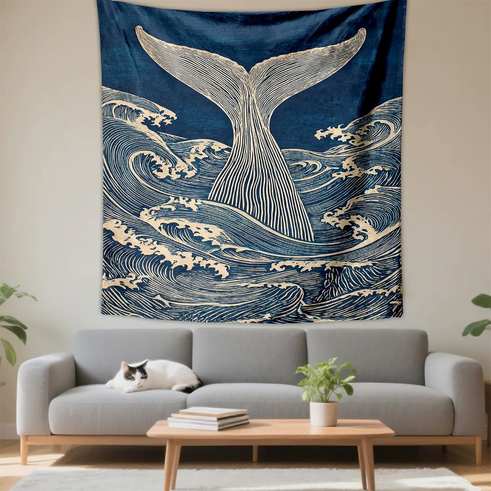 Whale Tail Over Ocean Waves Patterned tapestry for bedroom and living room home decor