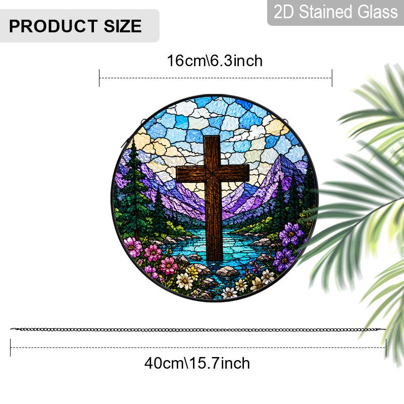 2D Flat Cross Stained Glass Suncatcher, 6.3/7.87 InchChristianStained Glass Suncatche Window Hanging Faith Cross and Mountain Valley Stained Glass
