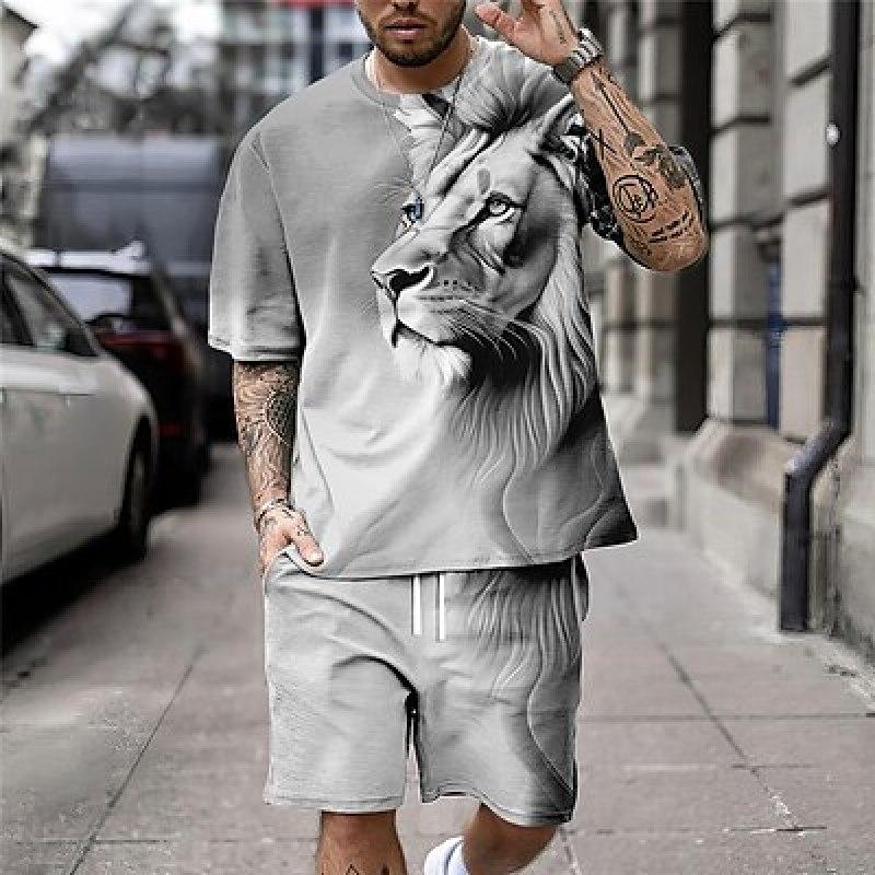 Животное Лев Графические принты Спортивный дизайнер Повседневная мужская рубашка Комплект шорты и футболка Футболка Наряды На открытом воздухе Футболка для ежедневного отпуска Красный Синий Оранжевый