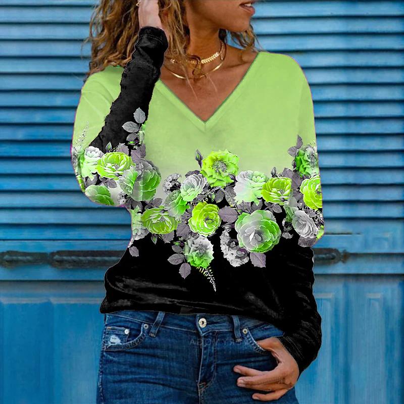 Женские футболки с 3D принтом розы, женские топы, пуловер с длинным рукавом и v-образным вырезом, женские футболки, футболка для женщин