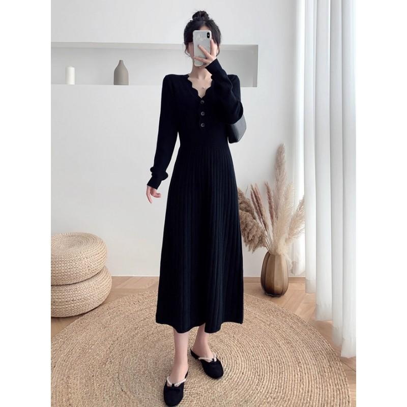 Elegant V-Neck Knit Midi Dress Women Winter High Waist Slim Fit Solid Color Long Sleeve