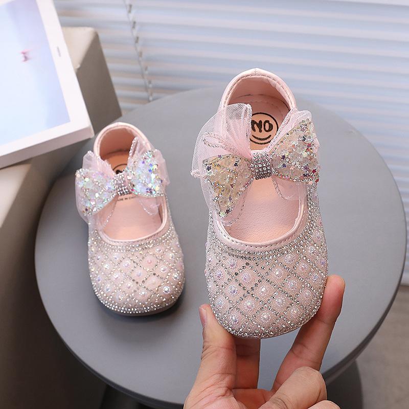 Spring Autumn Girls Leather Shoes Princess Party Rhinestone Ribbons Shoes Fashion Children Performance Wedding Shoes I07307