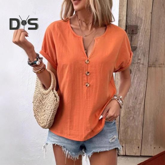 Женская рубашка с V-образным вырезом, декором в виде пуговиц, коротким рукавом, свободная рубашка, однотонная повседневная летняя футболка, повседневная одежда